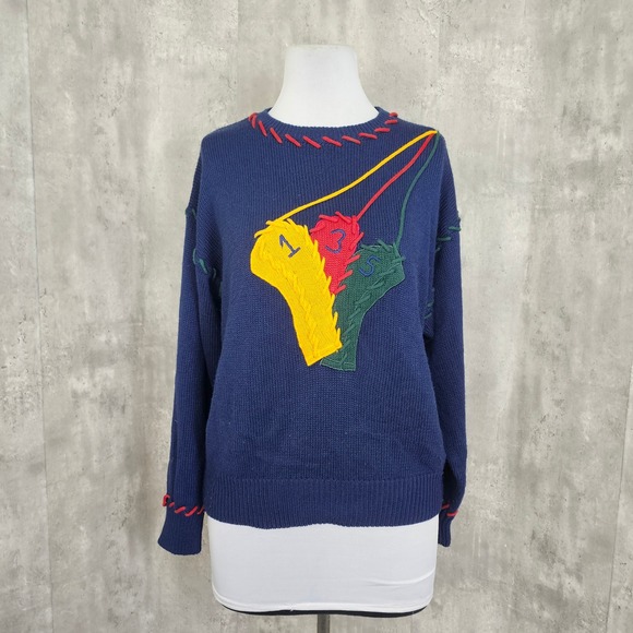 Vintage 90s Quantum Sportswear Golf Sweater Blue Applique Club‎ Headcovers M - Picture 2 of 7